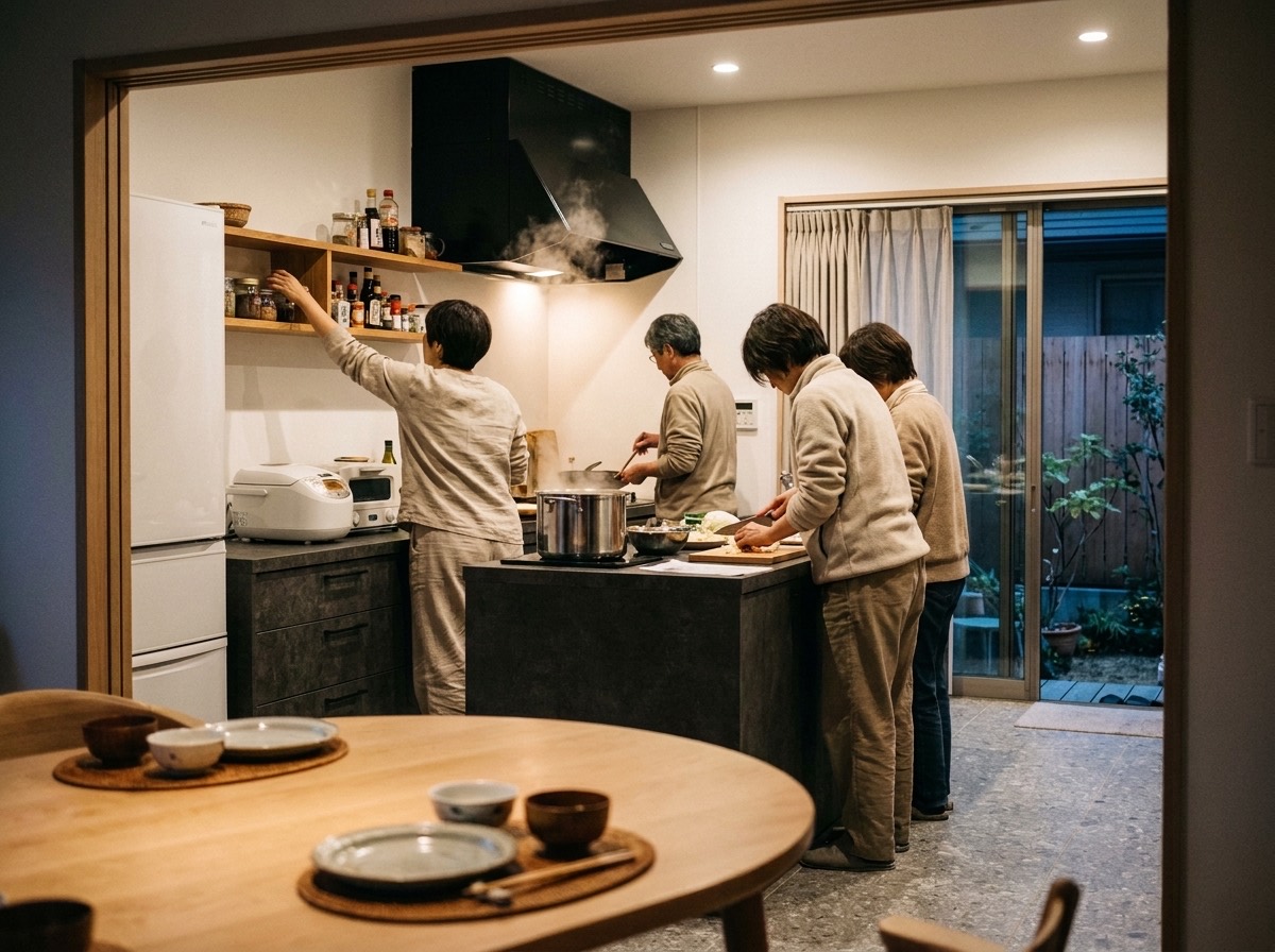 キッチンに並んで夕食を作る入居者と職員。手前のテーブルには食器が並んでいる