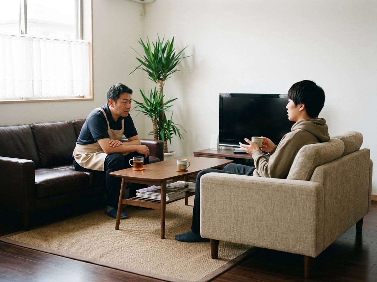 リビングのソファで、身を乗り出して若い入居者の話を聴く男性職員